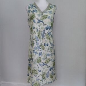 Linen Sheath Dress In Sage And Blue Floral